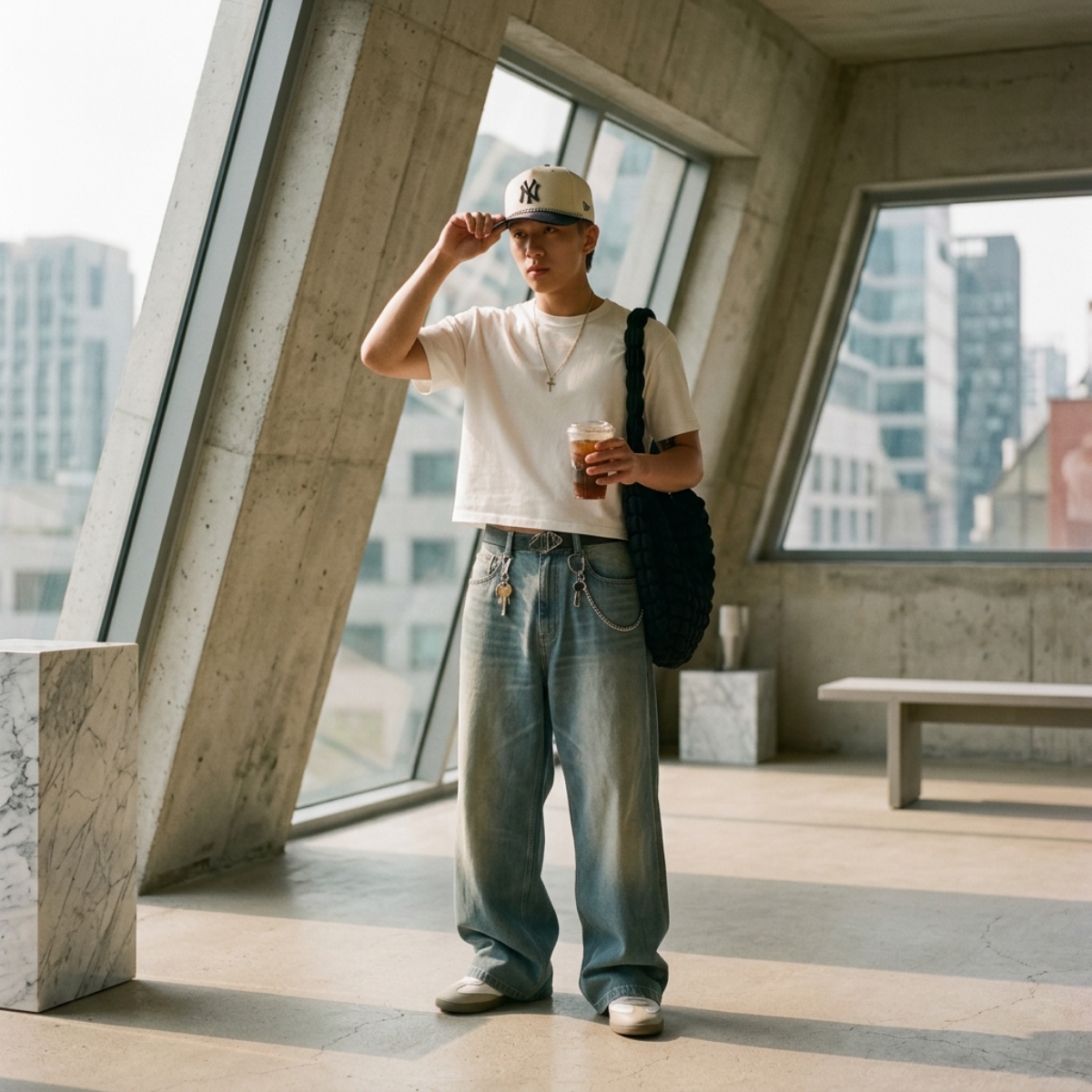 Boxy lookbook — rooftop, NY cap